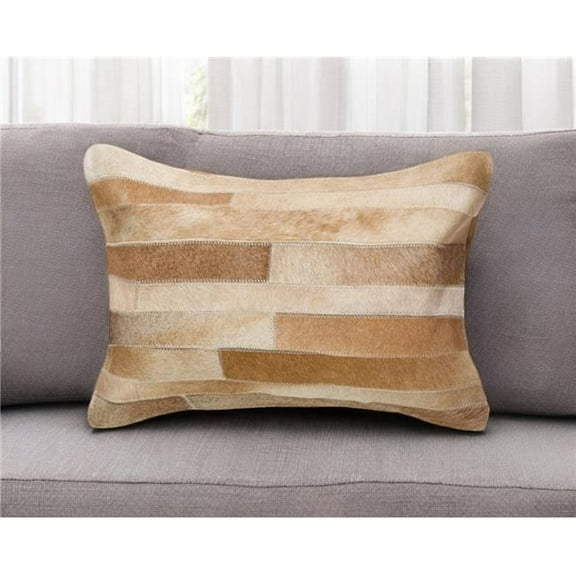 HomeRoots 544627 12 x 20 in. Tan Patchwork Cowhide Lumbar Throw Pillow
