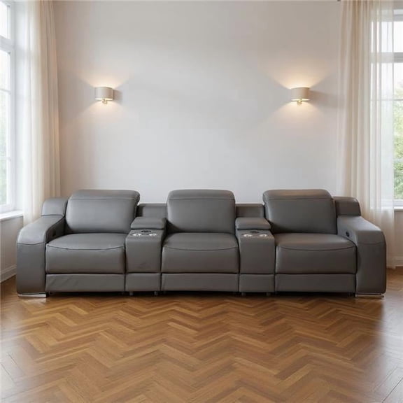 HomeRoots 632877 129 in. Dark Gray Italian Leather Reclining USB Sofa