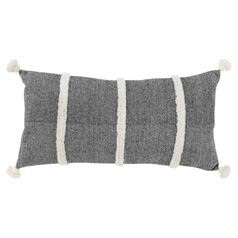 Black and White Cotton Lumbar Throw Pillow with Tassels