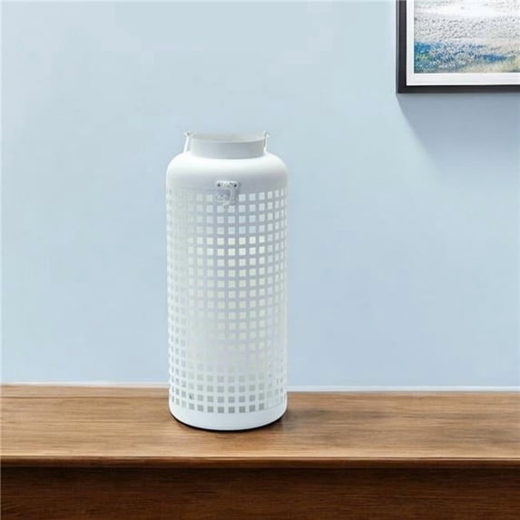 HomeRoots 516468 14 in. White Iron Lattice Floor Lantern Candle Holder
