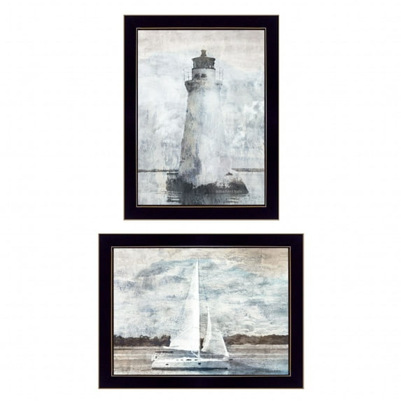 HomeRoots 14 x 18 x 1 in. Lighthouse Sailboat Black Single Rim Framed Print Wall Art - Set of 2