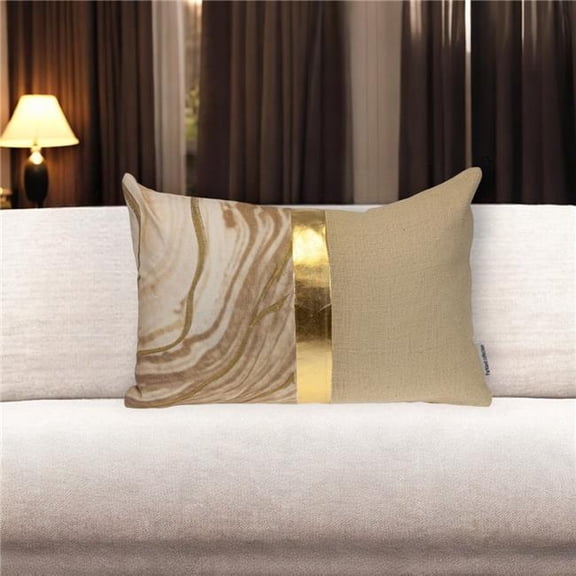 HomeRoots 529299 14 x 20 in. Beige & Gold Striped Cotton Blend Throw Pillow