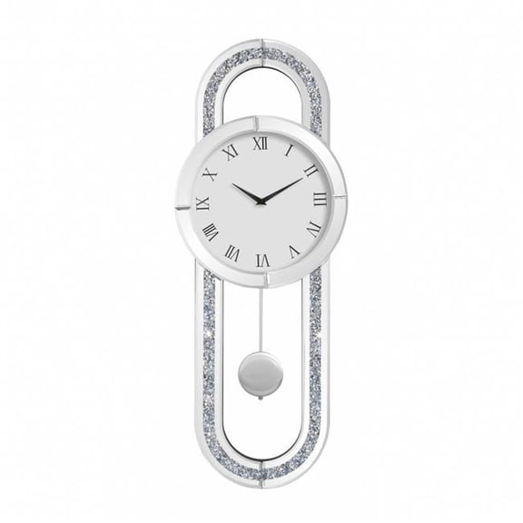 HomeRoots 635636 15 in. Silver Faux Crystal & Mirrored Glass Silent Analog Oval Wall Clock