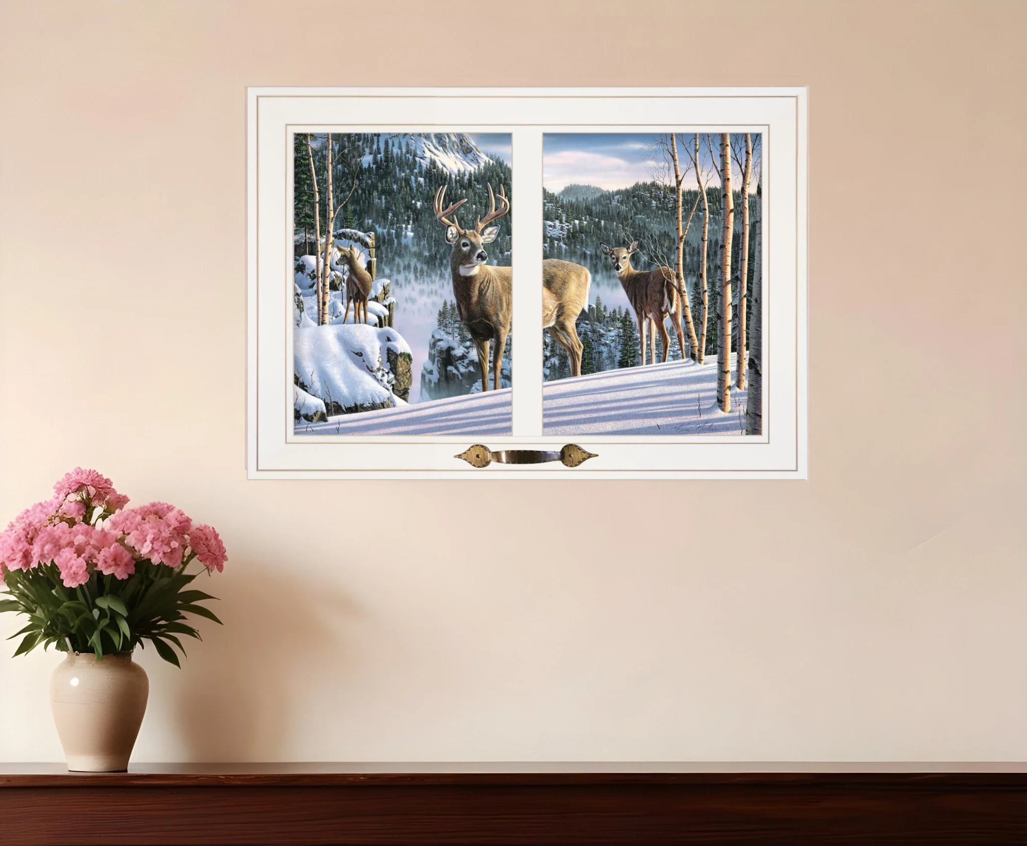 Winter Forest Deer Scene White Framed Print Wall Art