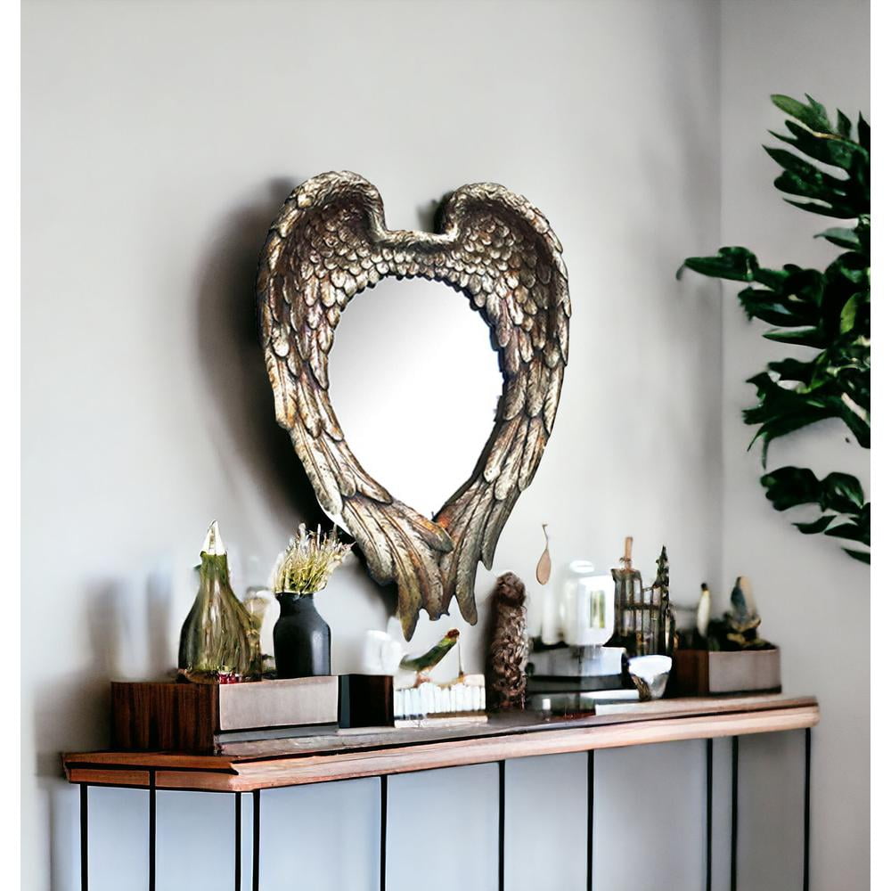 Regal Gold Resin Heart-Shaped Angel Wing Accent Mirror