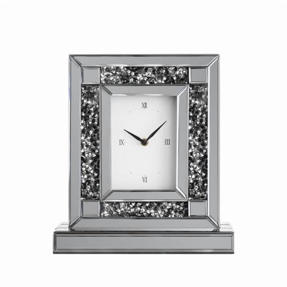 HomeRoots 635641 16 in. Silver & Black Faux Crystal & Mirrored Glass Table Clock