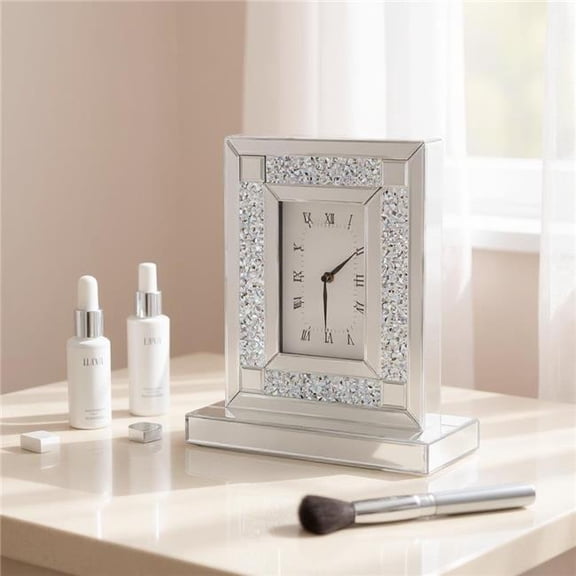 HomeRoots 635642 16 in. Silver & White Faux Crystal & Mirrored Glass Table Clock