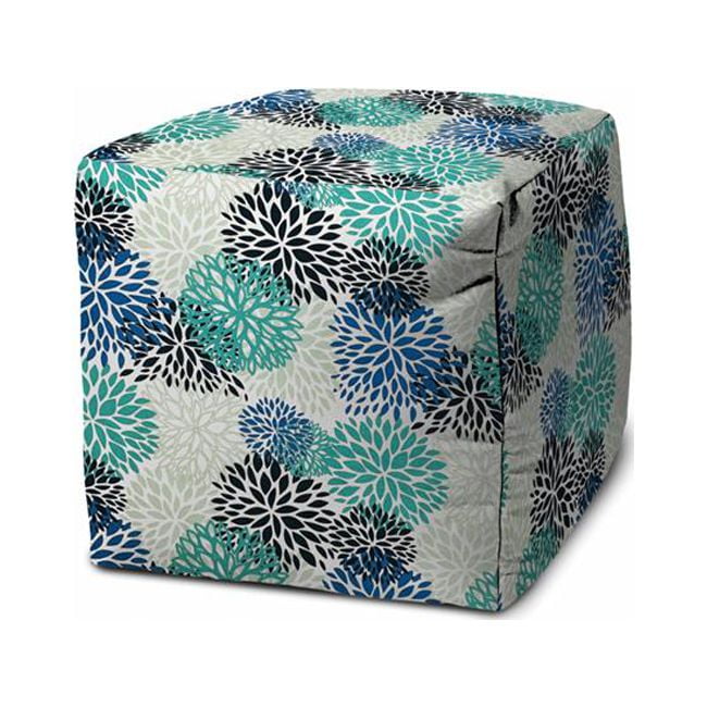 HomeRoots 17" Blue Polyester Cube Floral Indoor Outdoor Pouf Ottoman ...