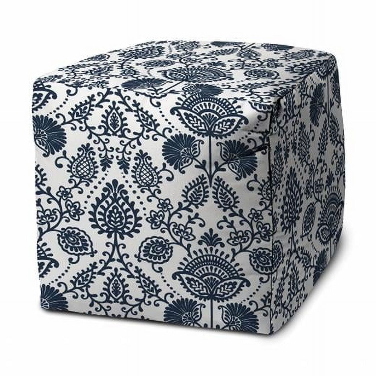 17" Blue and White Polyester Cube Pouf Ottoman