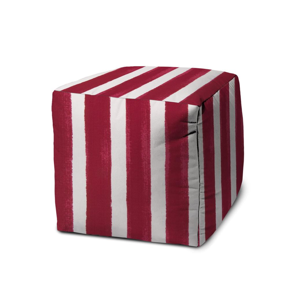 HomeRoots 17" Red And White Polyester Cube Striped Indoor Outdoor Pouf Ottoman