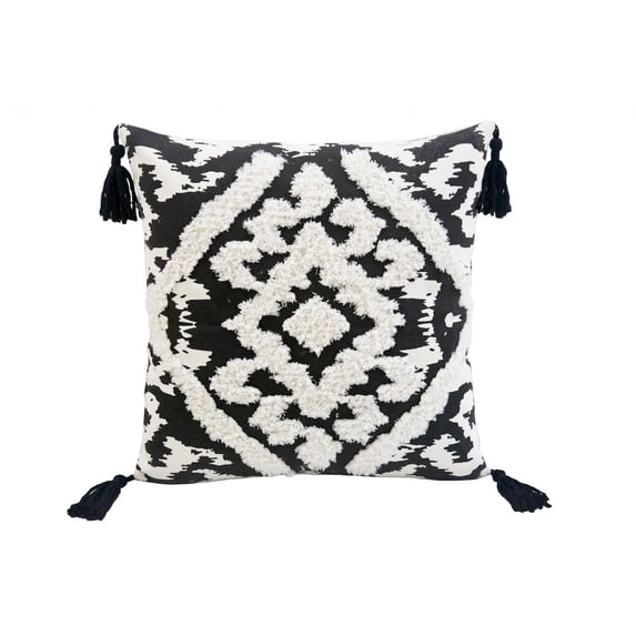 17" X 17" Black and White Textural Geometric Throw Pillow With Tassels