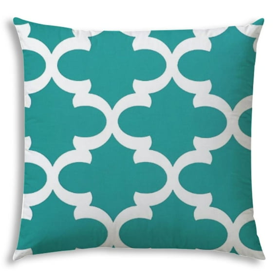 HomeRoots 17" X 17" Turquoise, White Blown Seam Quatrefoil Lumbar Indoor Outdoor Pillow