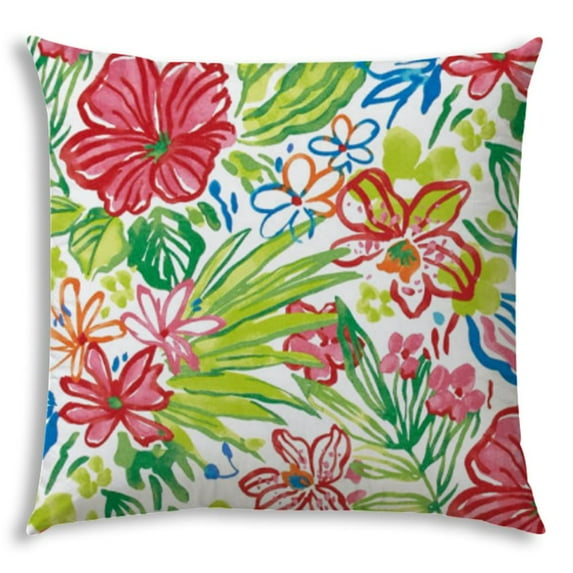 HomeRoots 17" X 17" White And Green Blown Seam Floral Lumbar Indoor Outdoor Pillow