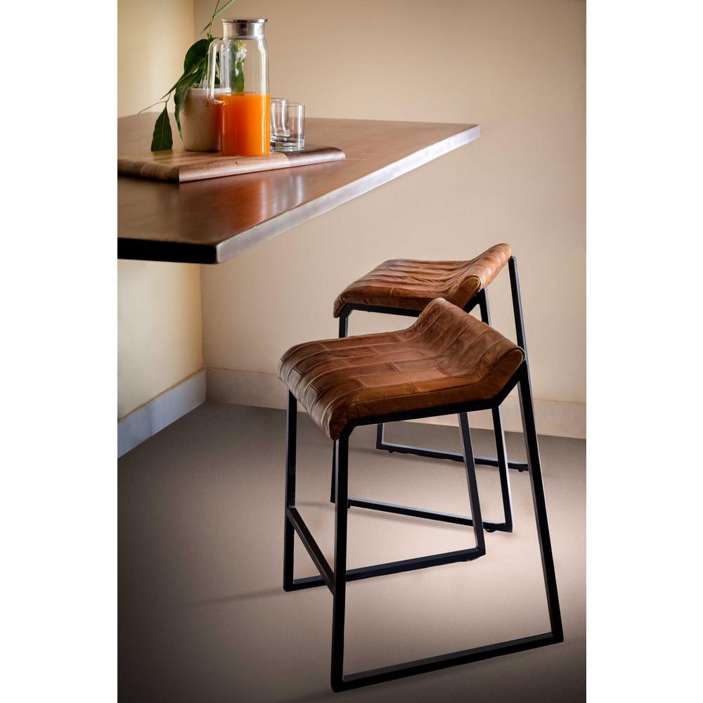 HomeRoots 17" X 20.5" X 27" Brown And Black Iron Leather Counter Stool - 374039