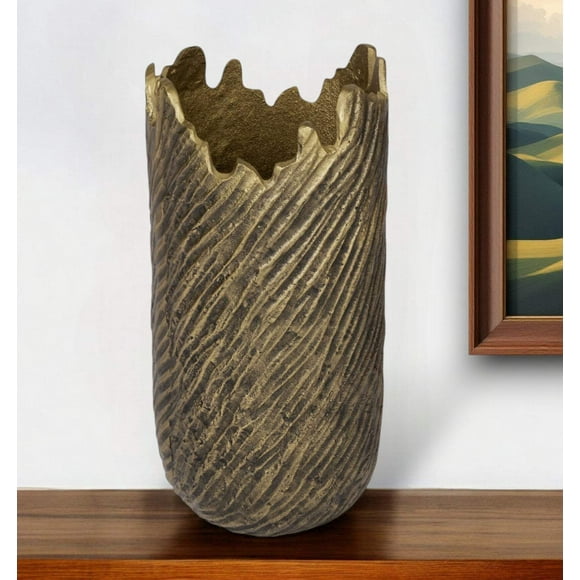 HomeRoots 17" Burnished Gold Abstract Cylinder Aluminum Table Vase
