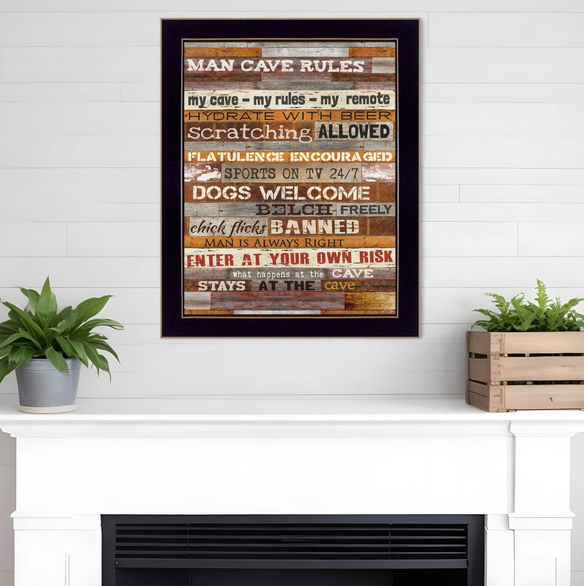 Man Cave Rules Rustic Brown and Black Framed Canvas Print