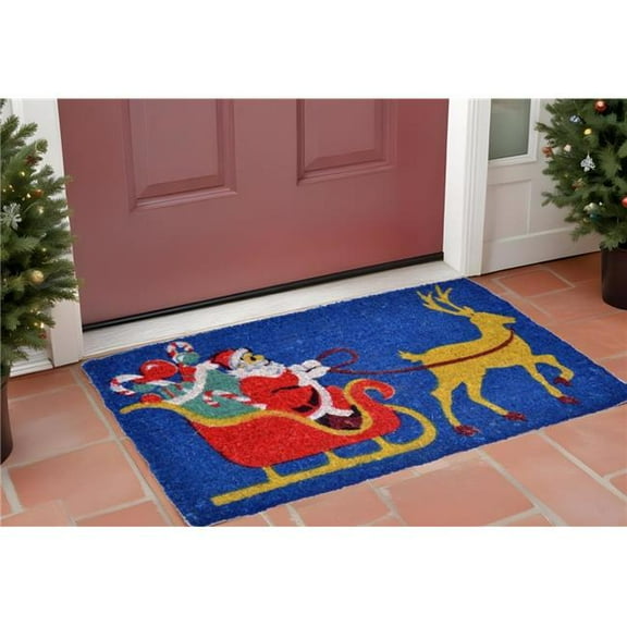 HomeRoots 555492 18 x 30 in. Blue & Yellow Coir Santa Claus Outdoor Holiday Door Mat
