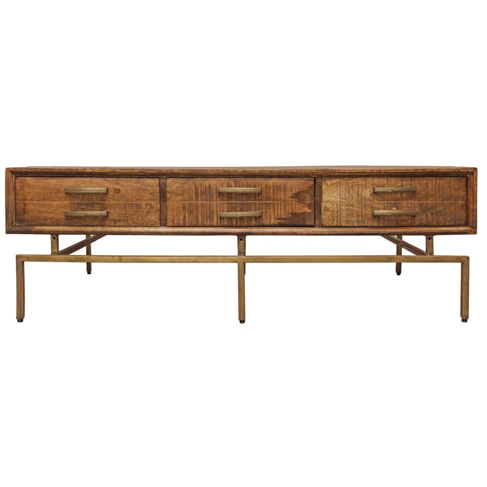 56" Brown Solid Wood Rectangular Coffee Table with Brass Base