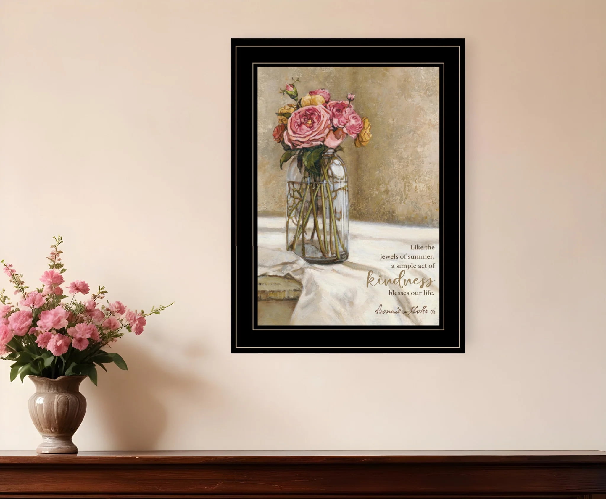 Black Framed Floral Print with Inspirational Quote, 19" x 15"