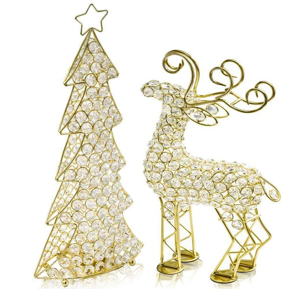 HomeRoots 354785 2.5 x 8 x 14 in. Reno Cristal Gold Reindeer Tabletop