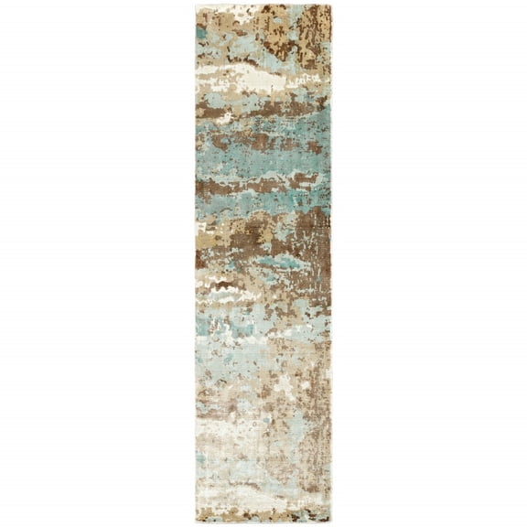 HomeRoots 2' X 10' Blue And Brown Abstract Hand Loomed Stain Resistant Runner Rug