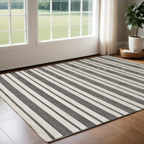 HomeRoots 2' X 3' Black And White Striped Dhurrie Hand Woven Stain Resistant Area Rug