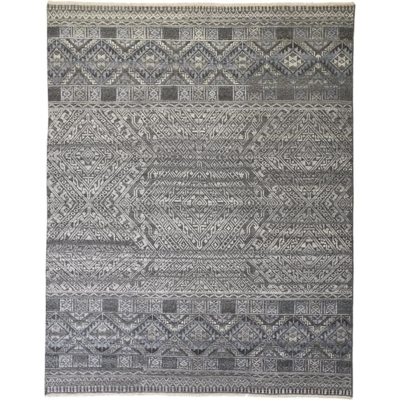 2' X 3' Gray Ivory And Blue Geometric Hand Knotted Area Rug