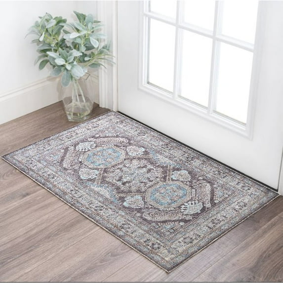 HomeRoots 2' X 3' Gray Taupe And Blue Floral Area Rug
