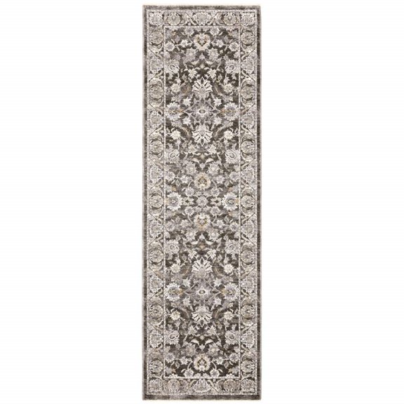HomeRoots 509388 2 x 3 ft. Gray & Ivory Oriental Power Loom Stain Resistant Rectangle Area Rug with Fringe