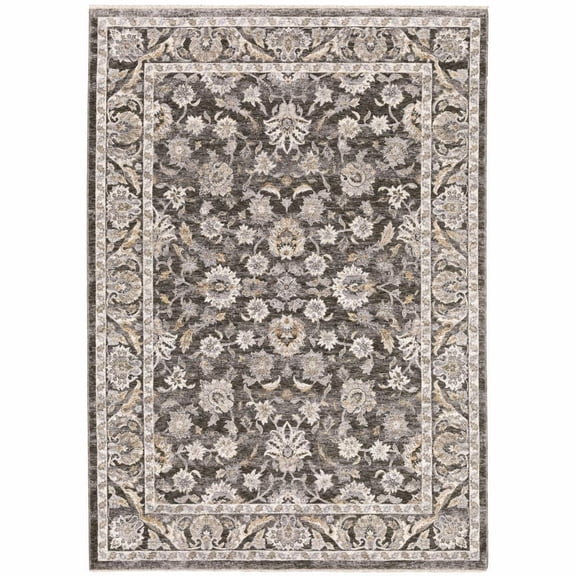 HomeRoots 509388 2 x 3 ft. Gray & Ivory Oriental Power Loom Stain Resistant Rectangle Area Rug with Fringe