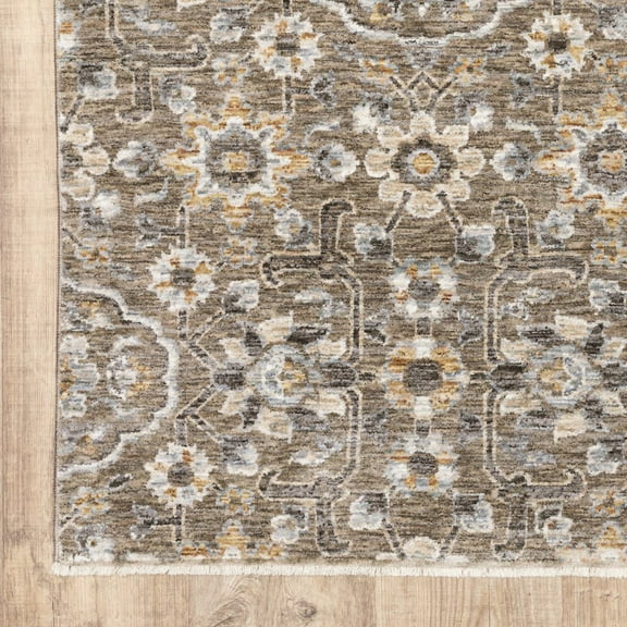 HomeRoots 2' X 3' Grey And Tan Floral Power Loom Stain Resistant Area Rug With Fringe
