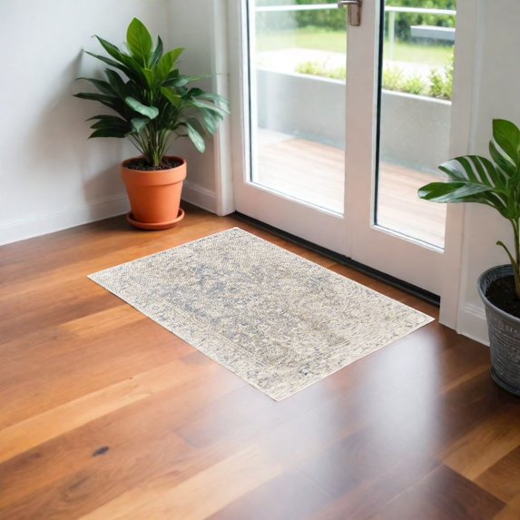 HomeRoots 2' X 3' Ivory Blue And Tan Abstract Hand Woven Area Rug