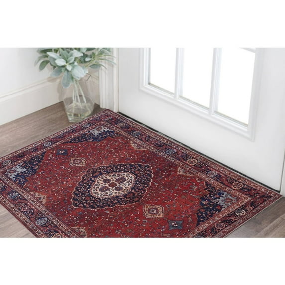 HomeRoots 2' X 3' Red Blue And Tan Floral Power Loom Area Rug