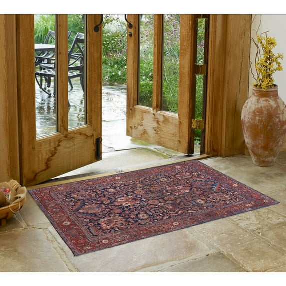 2' X 3' Red Orange And Blue Floral Power Loom Area Rug