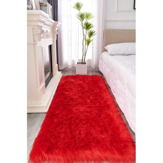 2' X 5' Red Faux Fur Shag Sheepskin Washable Area Rug