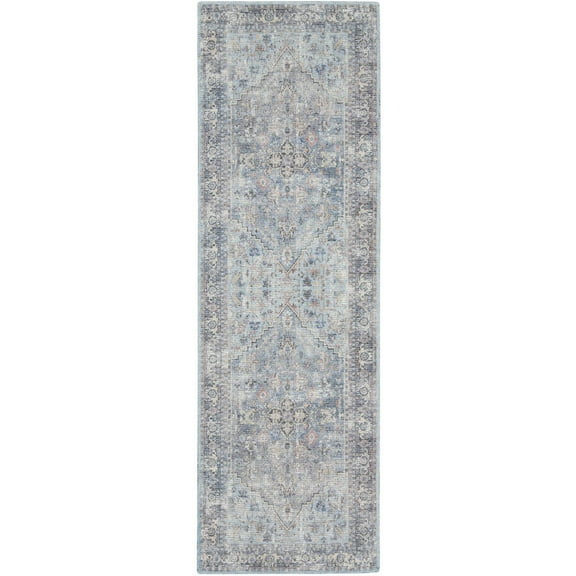 HomeRoots 2' X 6' Light Grey And Blue Oriental Power Loom Distressed Washable Runner Rug