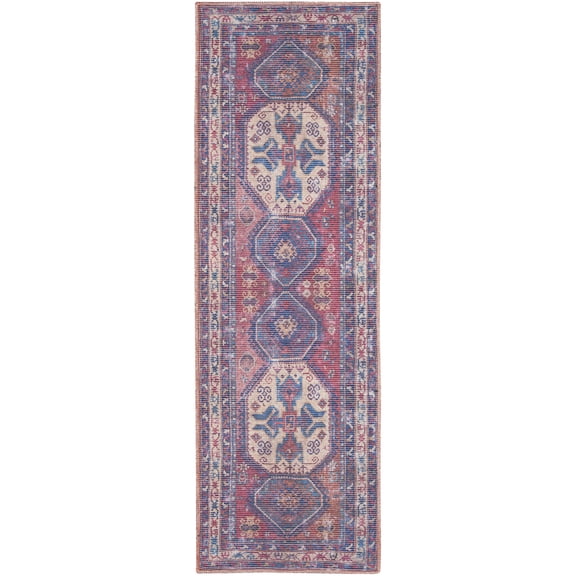 HomeRoots 480383 2 x 6 ft. Red & Navy Oriental Power Loom Distressed Washable Runner Area Rug