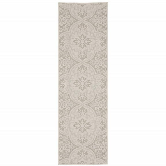 HomeRoots 2' X 7' Gray and Ivory Floral Stain Resistant Indoor Outdoor Area Rug