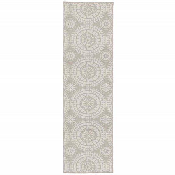 HomeRoots 2' X 7' Gray and Ivory Geometric Stain Resistant Indoor Outdoor Area Rug