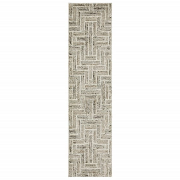 2' X 8' Beige And Ivory Geometric Power Loom Runner Rug