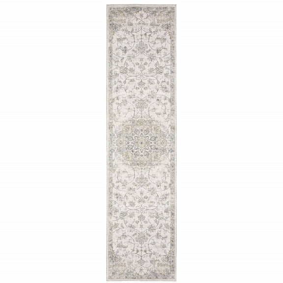 HomeRoots 2' X 8' Beige Gold And Grey Oriental Power Loom Stain Resistant Runner Rug