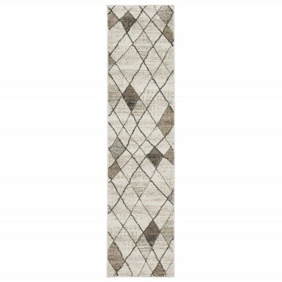 HomeRoots 2' X 8' Beige Grey Tan And Brown Geometric Power Loom Stain Resistant Runner Rug
