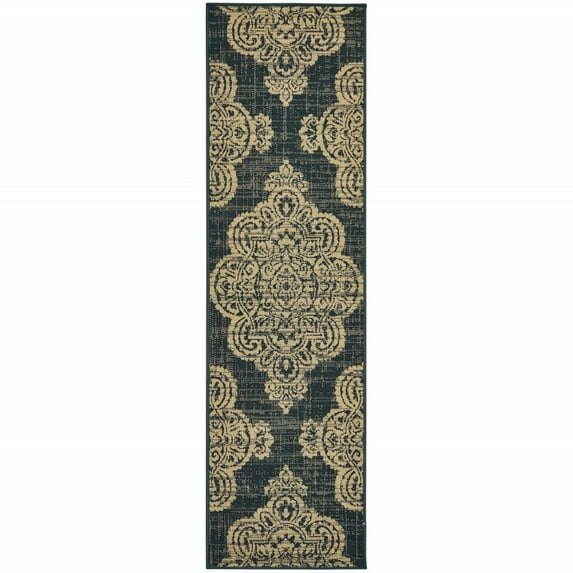 HomeRoots 2' X 8' Black and Tan Oriental Stain Resistant Indoor Outdoor Area Rug