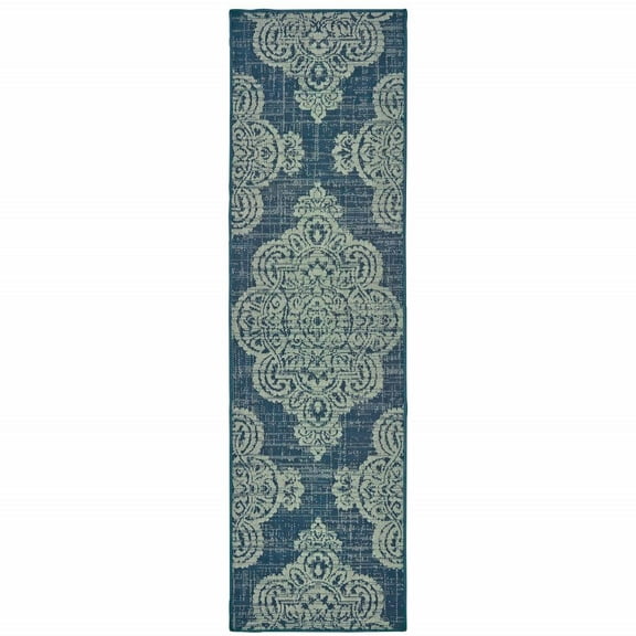 HomeRoots 2' X 8' Blue Oriental Stain Resistant Indoor Outdoor Area Rug