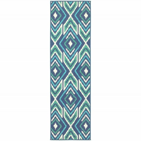 HomeRoots 2' X 8' Blue and Ivory Geometric Stain Resistant Indoor Outdoor Area Rug