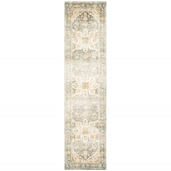 HomeRoots 2' X 8' Gray And Ivory Oriental Power Loom Stain Resistant Runner Rug