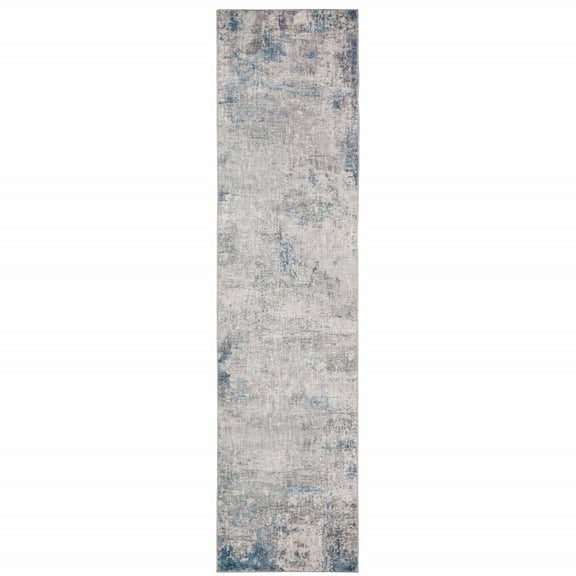 HomeRoots 2' X 8' Grey And Blue Abstract Power Loom Stain Resistant Runner Rug