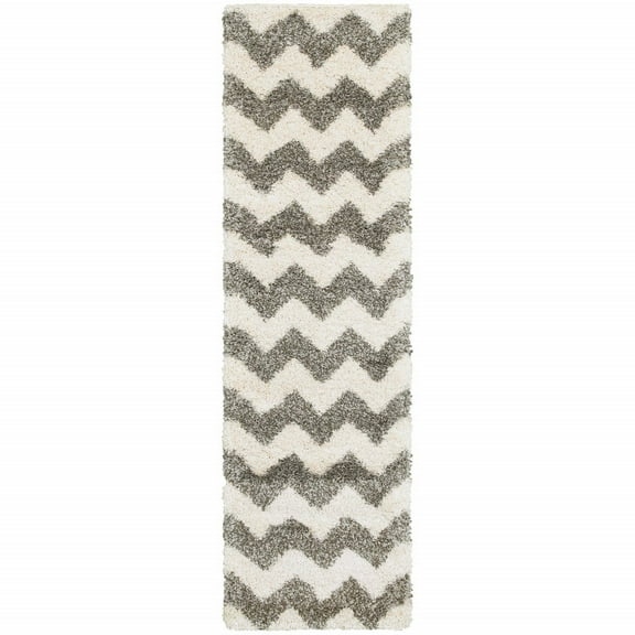 HomeRoots 2' X 8' Grey And Ivory Geometric Shag Power Loom Stain Resistant Runner Rug