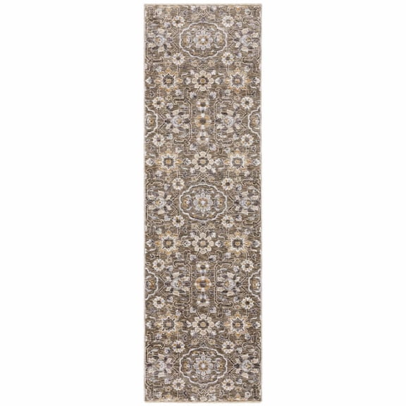 HomeRoots 509359 2 x 8 ft. Gray & Tan Floral Power Loom Stain Resistant Runner Area Rug with Fringe