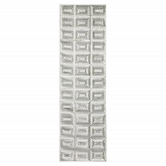 HomeRoots 2' X 8' Grey And White Geometric Power Loom Stain Resistant Runner Rug